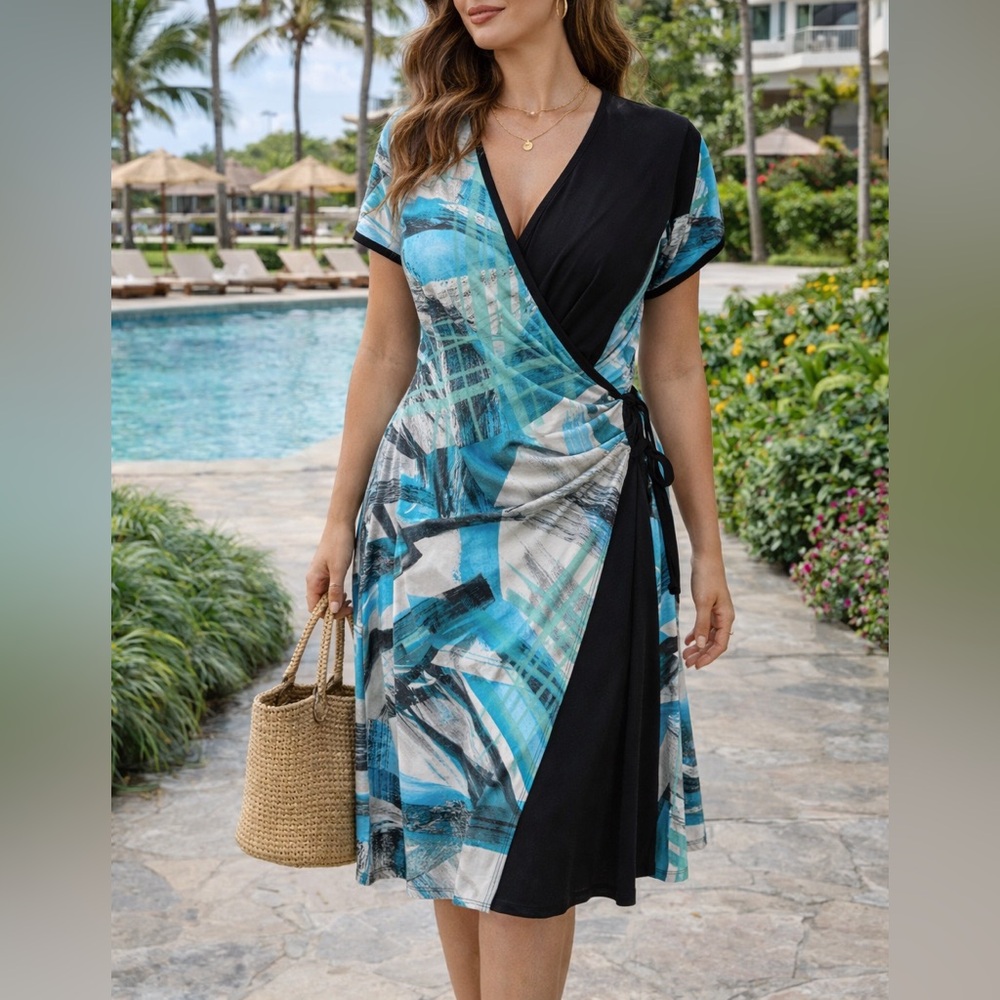 Artex Fashions Abstract Print Dress Size L Teal Turquoise Black Resort Vacation